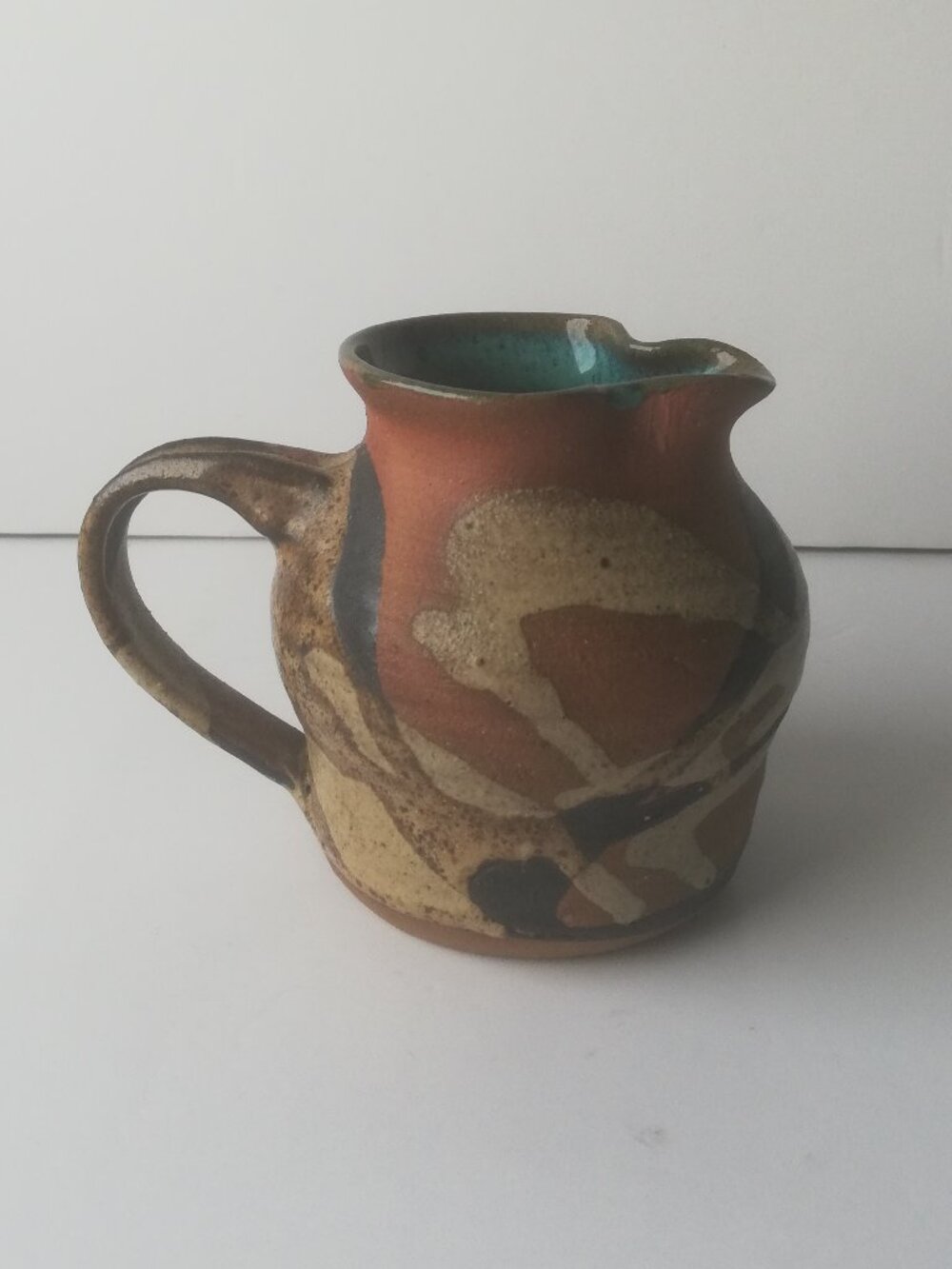 Vintage Signed Studio Pottery Pitcher - Earthtone & Teal Glaze
